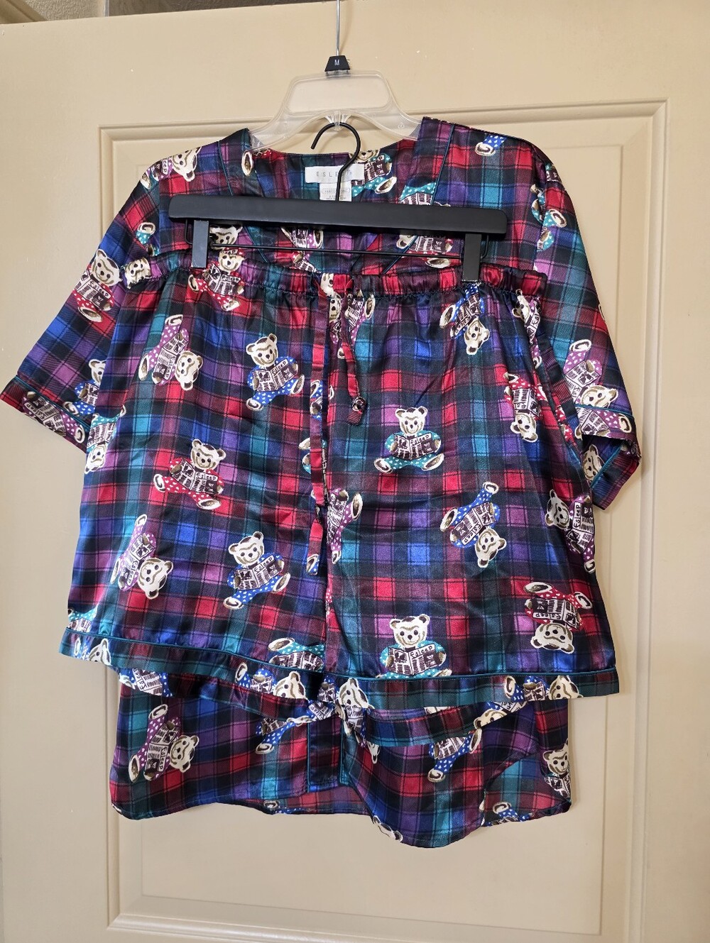 Vintage 90s ESleep Women XL Pajama Set Satin Plaid Teddy Bear Shorts Top 2 Piece